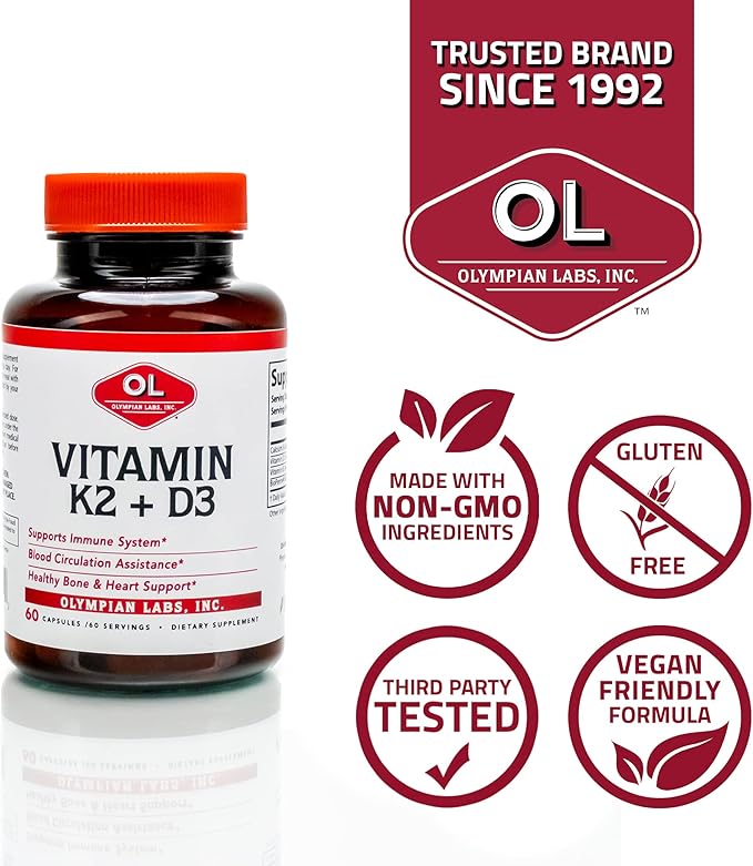 Olympian Labs Vitamin K2 + D3, 60 Servings, Supports Immune System, Bone and Heart Support, 60 Vegan Capsules