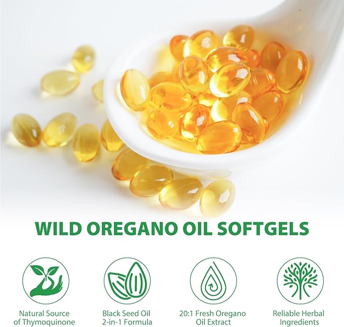 Oil of Oregano Softgels 6000mg, 2 in 1 Formulated with Black Seed Oil 200mg, Immune Support, Organic Oregano Oil Capsules, Natural Defense Supplement, Non-GMO, Easy to Swallow, 240 Softgels
