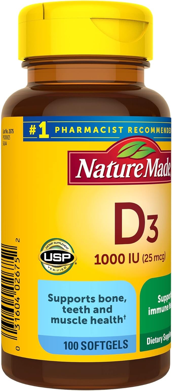 Nature Made Vitamin D3 1000 IU (25 mcg), Dietary Supplement for Bone, Teeth, Muscle and Immune Health Support, 100 Softgels, 100 Day Supply (Pack of 2)