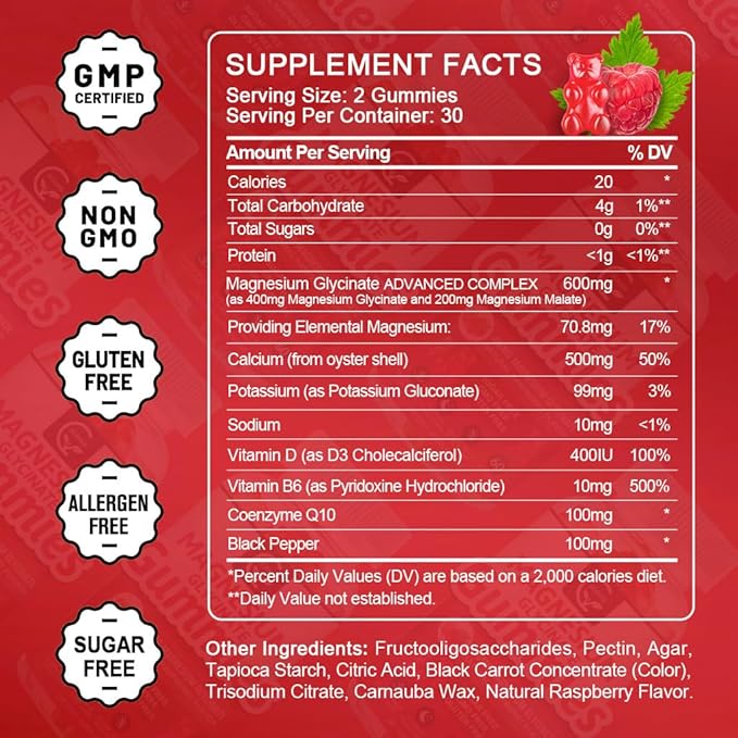 Magnesium Glycinate Gummies 400mg, Mg Potassium Supplement with Chelated Magnesium Malate Complex, Vitamin D, B6, and CoQ10, Supports for Memory, Calm, Mood & Sleep - 60 Count (Pack of 3)