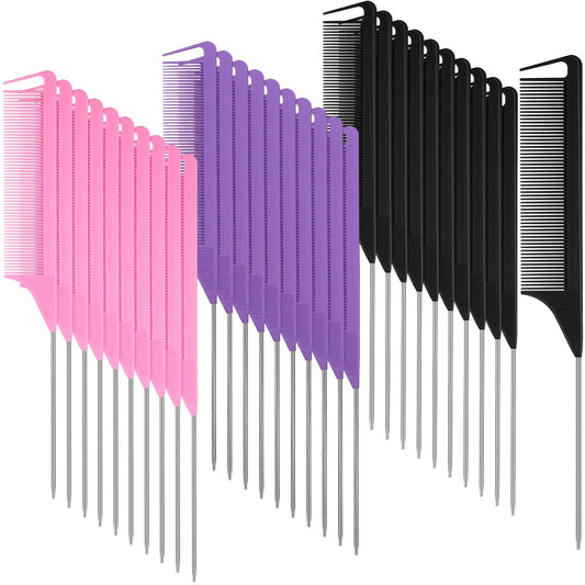 Patelai 30 Pieces Parting Comb for Braids Steel Hair Pin Rat Tail Carbon Fiber Heat Resistant Teasing Combs with Stainless Steel Pintail(Black, Pink, Purple)