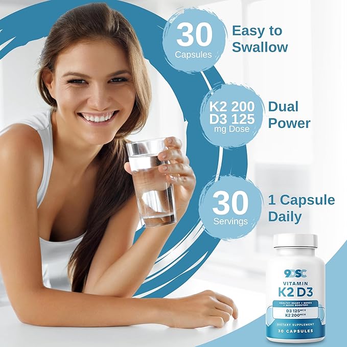 9DSC Vitamins D3 and K2-30 Capsules - K2 D3 Vitamin Supplement for Bone Health - Fast-Absorbing 200 mcg K2 Vitamin Supplement as MK-7-125 mcg of D3 - Made in USA