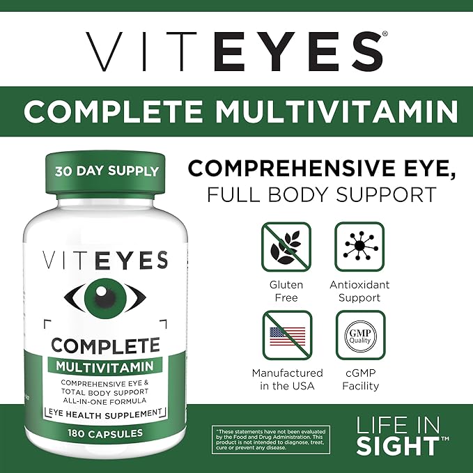 Viteyes Complete Eye & Total Body Health Multivitamin Nutritional Supplement, 180 Capsules, White