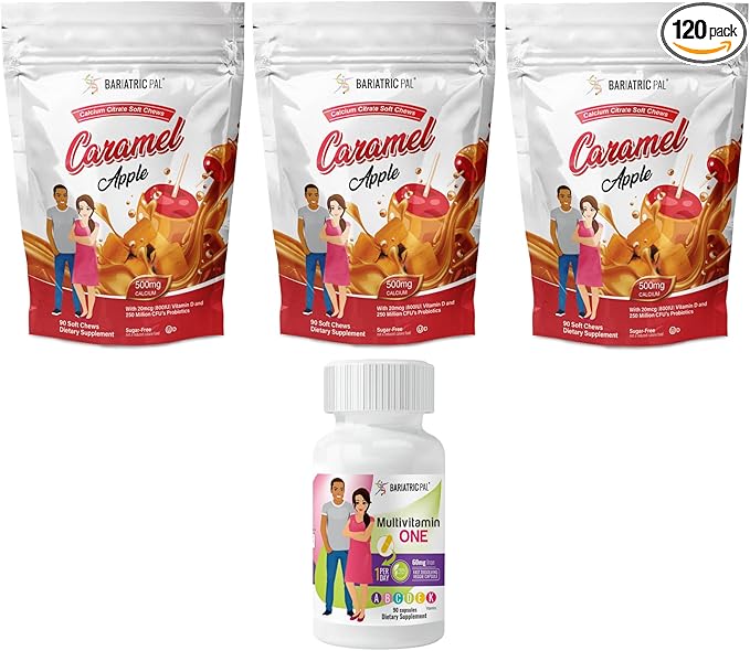 BariatricPal 90-Day Bariatric Vitamin Bundle (Multivitamin ONE 1 per Day! Capsule with 60mg Iron and Calcium Citrate Soft Chews 500mg with Probiotics - Caramel Apple)