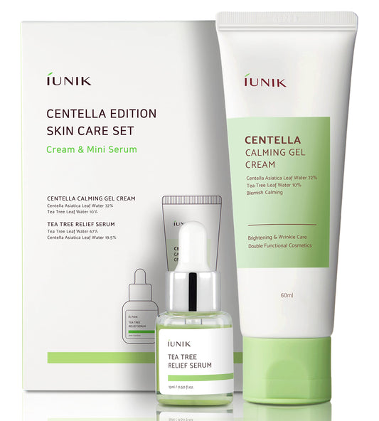 Iunik Centella Edition Skincare Set (Cream 2.02 Fl.Oz. & Mini Serum 0.51 Fl.Oz.) - Centella Asiatica And Tea Tree Leaf Waters To