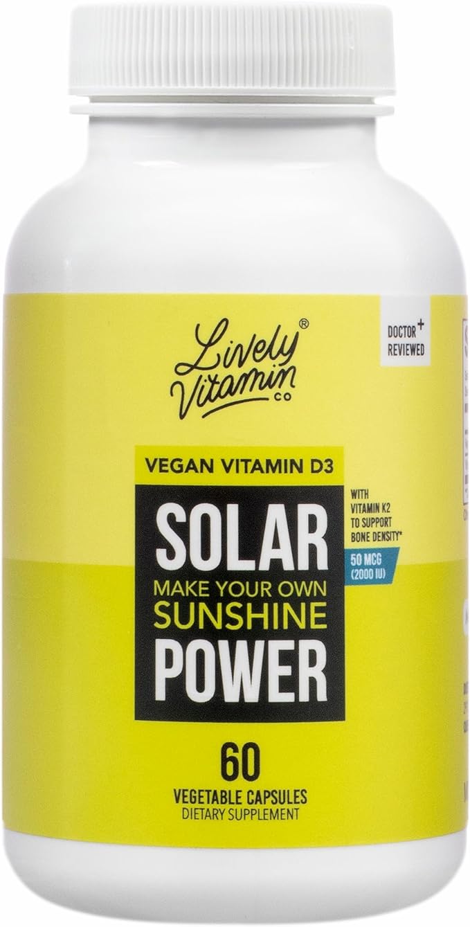 LIVELY VITAMIN CO. Solar Power Vitamin D3 2000 iu - Patented Vitamin K - MK7 - Immune Balance - Brain Function - Mood - Heart - Stress - 60 Count