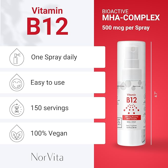 Vitamin B12 Spray 500 mcg (150 Servings) - Quick Absorption MHA Complex (Methylcobalamin, Hydroxycobalamin, Adenosylcobalamin) - Vegan, Non-GMO, Liquid B12 Supplement