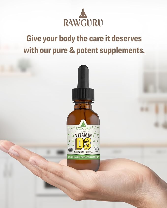 RawGuru Organic Vitamin D3 Complex - Vegan Vitamin D3 with Trace Minerals - Nano-Processed Immunity Boost & Cognitive Supplement Tincture - 30 Servings of Vegan Drops per 30 ml, Pack of 1