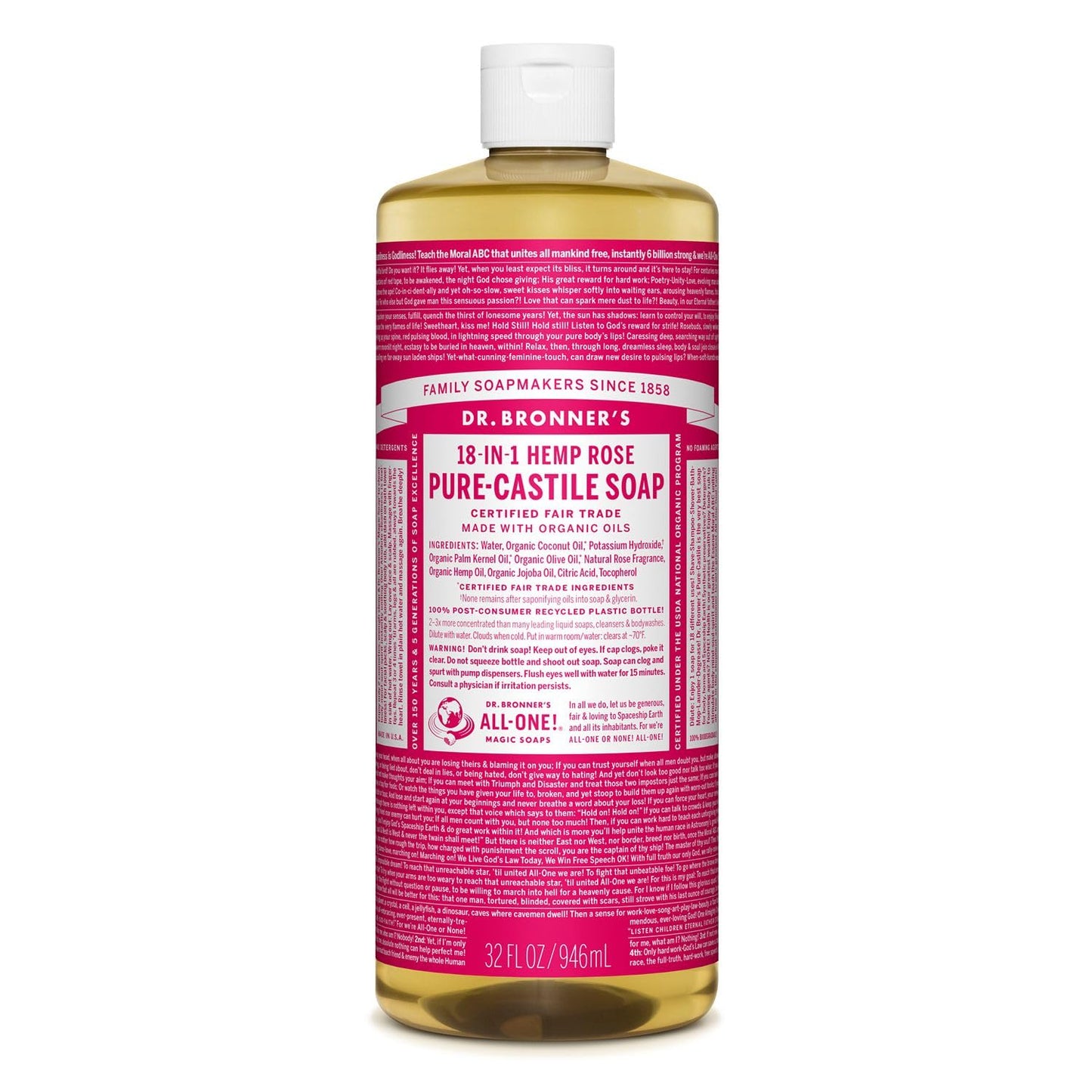 Dr. Bronner'S - Pure-Castile Liquid Soap (Rose, 32 Ounce) - Made With Organic Oils, 18-In-1 Uses: Face, Body, Hair, Laundry, Pet