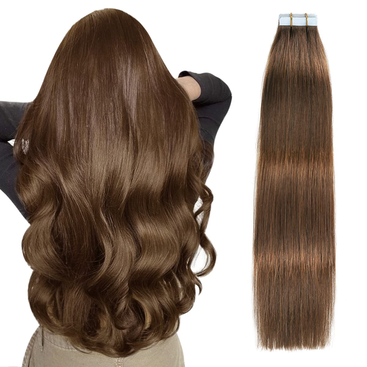 Suyya Tape In Hair Extensions Chocolate Brown 100% Remy Human Hair 20 Inches 20Pcs 50G/Pack Straight Seamless Skin Weft Tape Hai