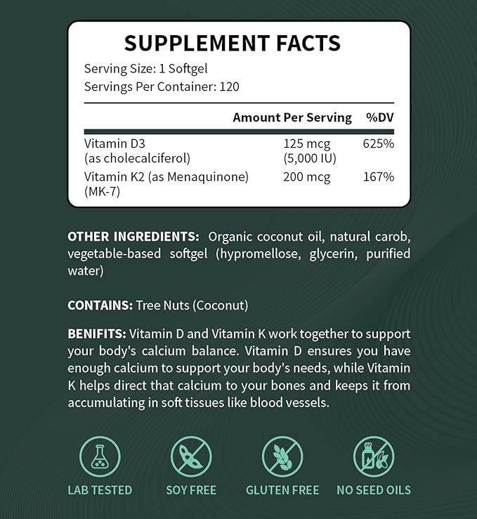 Vitamin D3 5000 IU + Vitamin K2 200 mcg - 4 Month Supply - High Potency Bone & Immune Support - Organic Coconut Oil, No Seed Oils, Non-GMO, 120 Vegetable Softgels