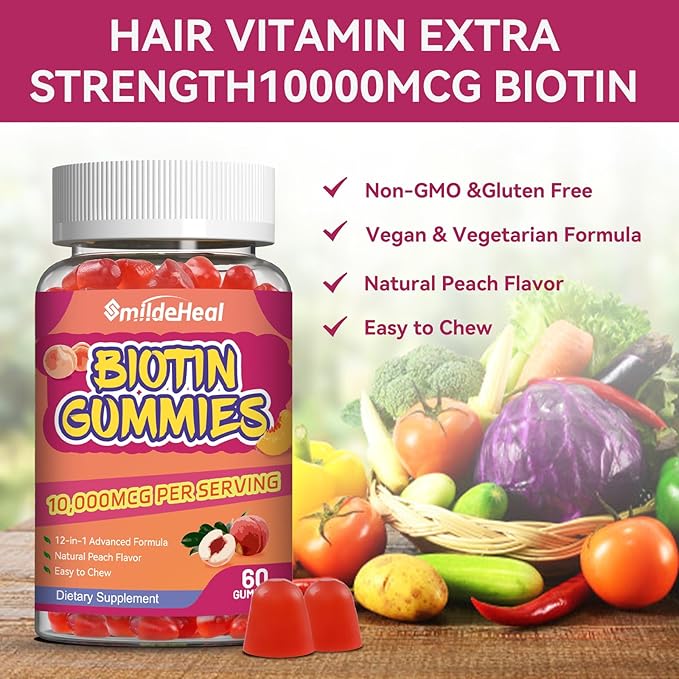 Biotin Gummies for Hair Growth 10000 mcg, Hair Skin and Nails Gummies with Folic Acid, Vitamins A, B, C, E & D, Vegan biotin Vitamins for Women & Men, 60 Gummies
