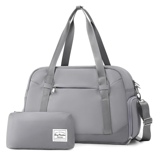 LONG VACATION Women's Travel Duffel Bag with Toiletry Bag, Sports Gym Bag Weekendeer Carry-on Tote with Shoe Compartment and Wet Pocket, Yoga Bag Fit 15.6inch Laptop (GREY, 18-inch)