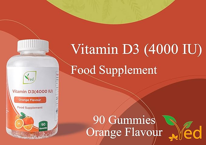 Ved Vitamin D3 Gummies for Adults 4000IU, Non GMO- Gluten Free, Orange Flavour -High Strength 90 Chewable Gummies (3 Month Supply)
