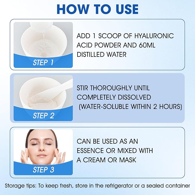Hyaluronic Acid Powder for Skin Care, Vegan Cosmetic Grade, Water Soluble Hydrating Ingredient for DIY Facial Serum & Skin Moisture