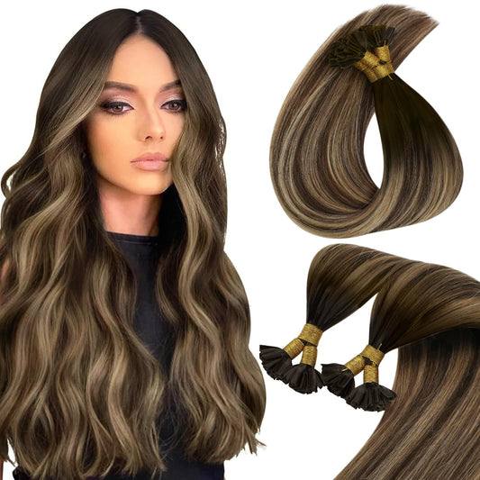 Sunny Balayage Brown Keratin Hair Extensions 24Inch U Tip Hair Extensions Human Hair Medium Brown Balayage Caramel Blonde Utips