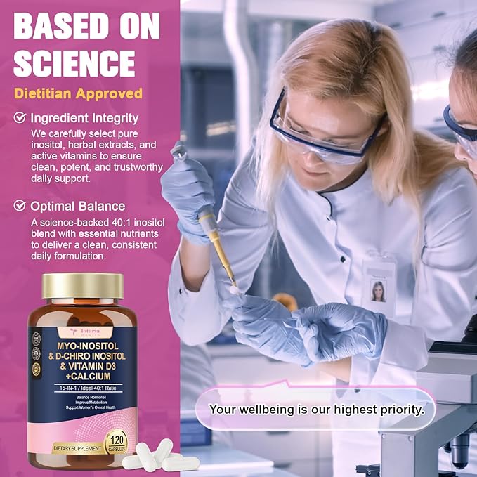 Myo-Inositol & D-Chiro Inositol for Women, 2050 mg inositol Supplement w/DIM, Ashwagandha, Folate, Vitamin D, Calcium, Ideal 40:1 Ratio, for Hormone Balance, Ovarian Function*, Overall Health, 120 Ct