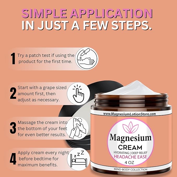 Magnesium Cream for Headache, Migraines, Muscle Soreness, Cramps Relief with Shea Butter, Coconut Oil, Aloe, Vitamin E - Magnesium Cream for Calm & Relaxation - Peperminty Scent - 4fl oz - USA Made