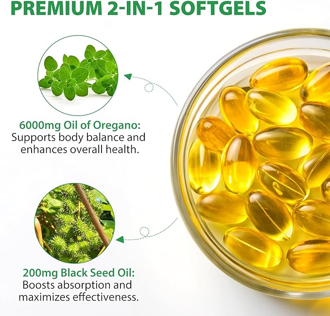 Oil of Oregano Softgels 6000mg, 2 in 1 Formulated with Black Seed Oil 200mg, Immune Support, Organic Oregano Oil Capsules, Natural Defense Supplement, Non-GMO, Easy to Swallow, 240 Softgels