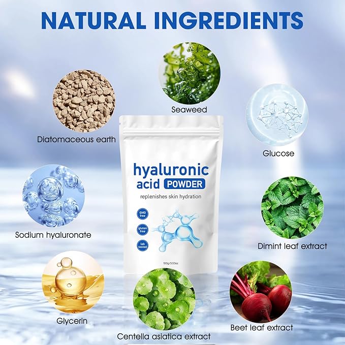Hyaluronic Acid Powder for Skin Care, Vegan Cosmetic Grade, Water Soluble Hydrating Ingredient for DIY Facial Serum & Skin Moisture