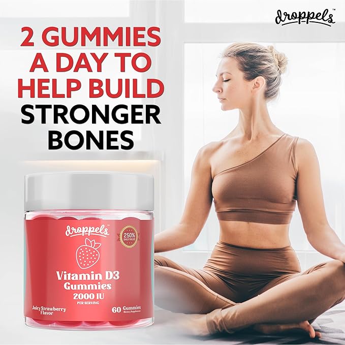 Droppels Vitamin D3 Gummies 2000 IU – Extra Strength, Vegetarian, Pectin Plant-Based Vitamin D Gummies for Bone Health Support – Juicy Strawberry Flavor, 60 Count (1-Month Supply)