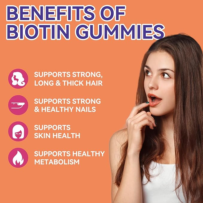 Biotin Gummies for Hair Growth 10000 mcg, Hair Skin and Nails Gummies with Folic Acid, Vitamins A, B, C, E & D, Vegan biotin Vitamins for Women & Men, 60 Gummies