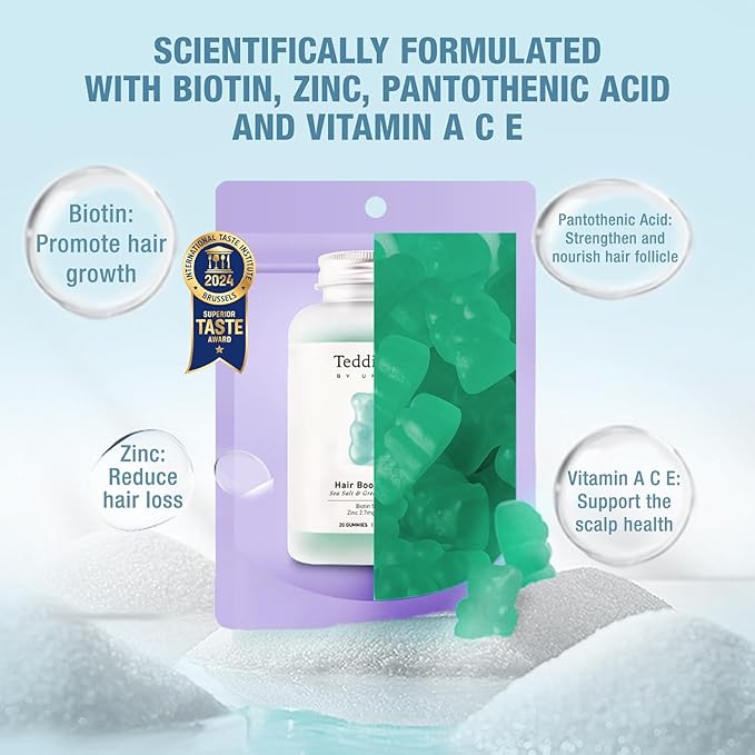 Unichi Hair Growth Gummies, 5200mcg Biotin Formulated with Zinc, Pantothenic Acid and Vitamin A, C, E for Stronger and Thicker Hair for Women, (20 Count)