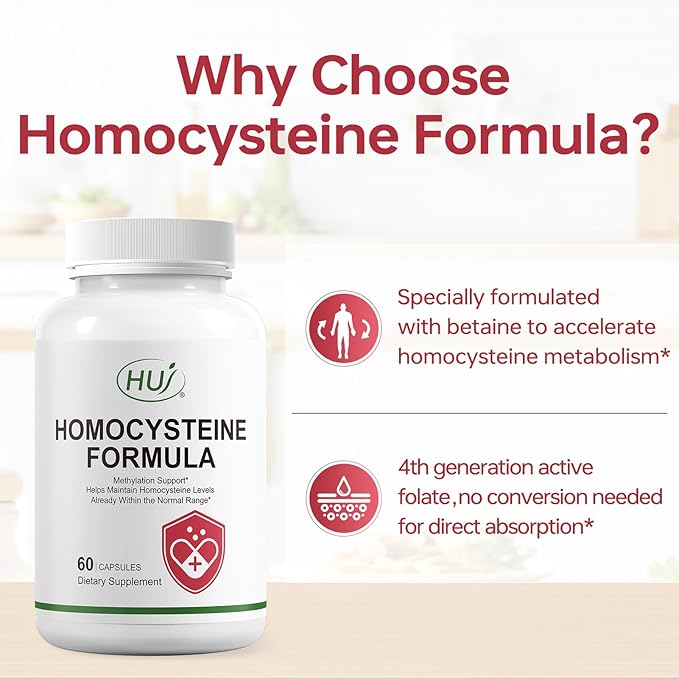 HUJ Homocysteine Formula Supplement - with B2, B12, Folate & Betaine HCl - for Homocysteine Metabolism & Methylation Support*- 60 Capsules