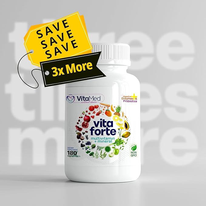 Vita Forte Vegan Multivitamin – Complete Daily Supplement with Essential Vitamins, Minerals, Probiotics, Digestive Enzymes, and Superfoods for Immune Support & Optimal Wellness – 180 Tablets