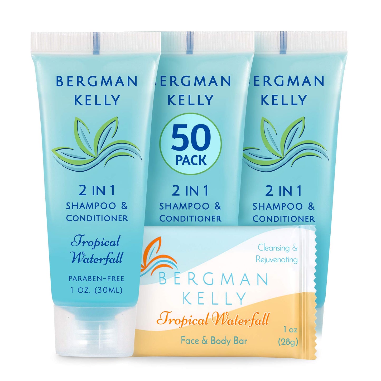Bergman Kelly Rectangle Soap Bars, 2In1 Shampoo & Conditioner 2-Piece Set (Tropical Waterfall, 1 Oz Ea, 100 Pc), Delight Your Gu