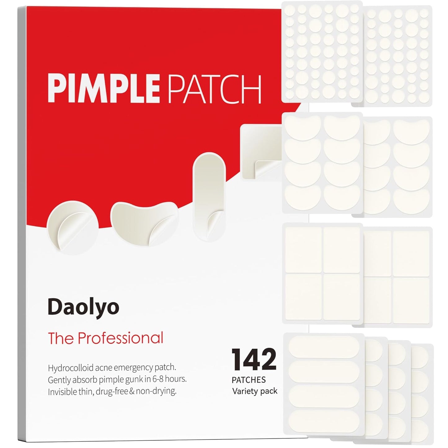 Large Hydrocolloid Acne Pimple Patches | 142 Count | 6 Sizes for Face & Body