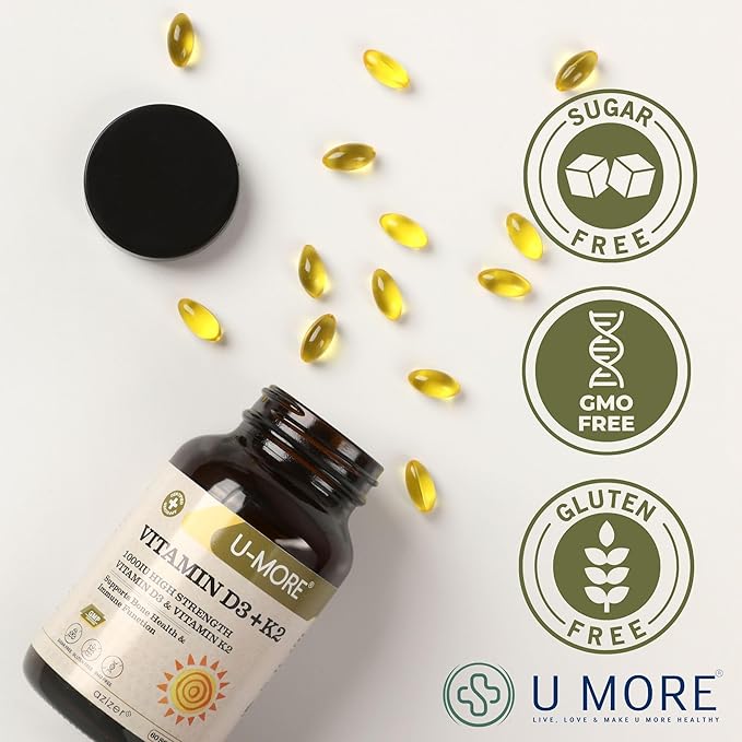 U-MORE - 1000 IU High Strength Vitamin D3 & Vitamin K2 (Menaquinone 7) - Sugar, Gluten, GMO Free, Supports Bone Health & Immune Function, Daily Supplement for Strong Bones & Immunity - 60 Softgels