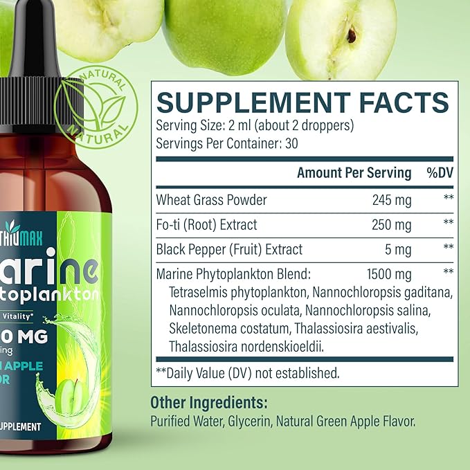 Marine Phytoplankton Drops 2000mg - High Absorption Phytoplankton Supplement with Wheatgrass & Fo-ti for Cellular Wellness, Hair Growth, Energy & Immunity | Green Apple Flavor, 60ml (Pack of 2)