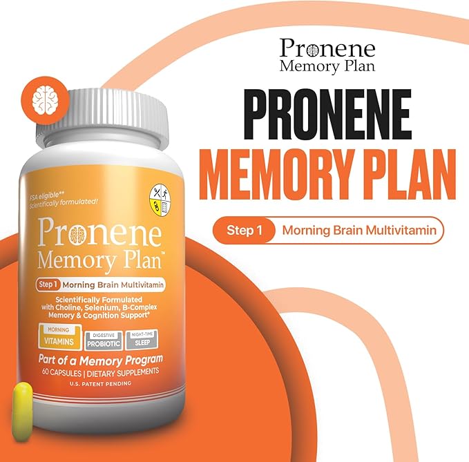 PRONENE Memory Plan (60 ct) Morning Brain Multivitamin | Nootropic Supplement w/Choline, Selenium, Resveratrol, D, & B Vitamins | Advanced nutrients Support Brain, Immunity & Memory.
