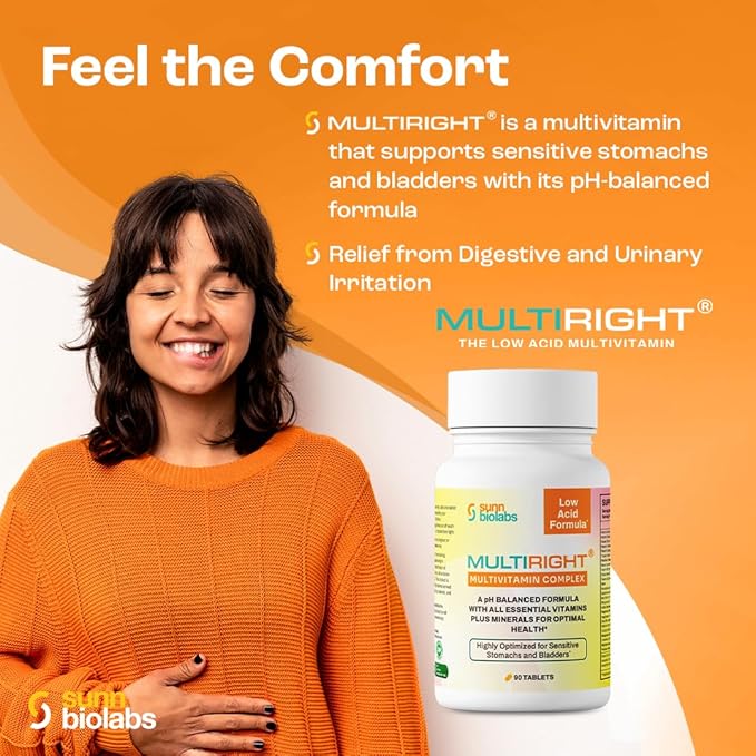 MULTIRIGHT | LOW ACID MULTIVITAMIN for Sensitive Stomachs, Bladders or IC | 14 Vitamins & 14 Minerals | Bladder-Friendly, pH Balanced | Easy on Digestion-Less Acidic | Buffered Vitamin C | 90 Tablets