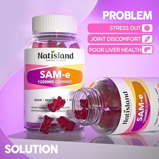SAM-e with L-Tyrosine Gummies, Methylated Vitamin B-Complex & NAC, 1200mg SAM e Supplement, Methyl Folate and B12, for Stress Relief & Brain Support, Liver & Joint Health, Gluten-Free, Vegan, 60 Ct
