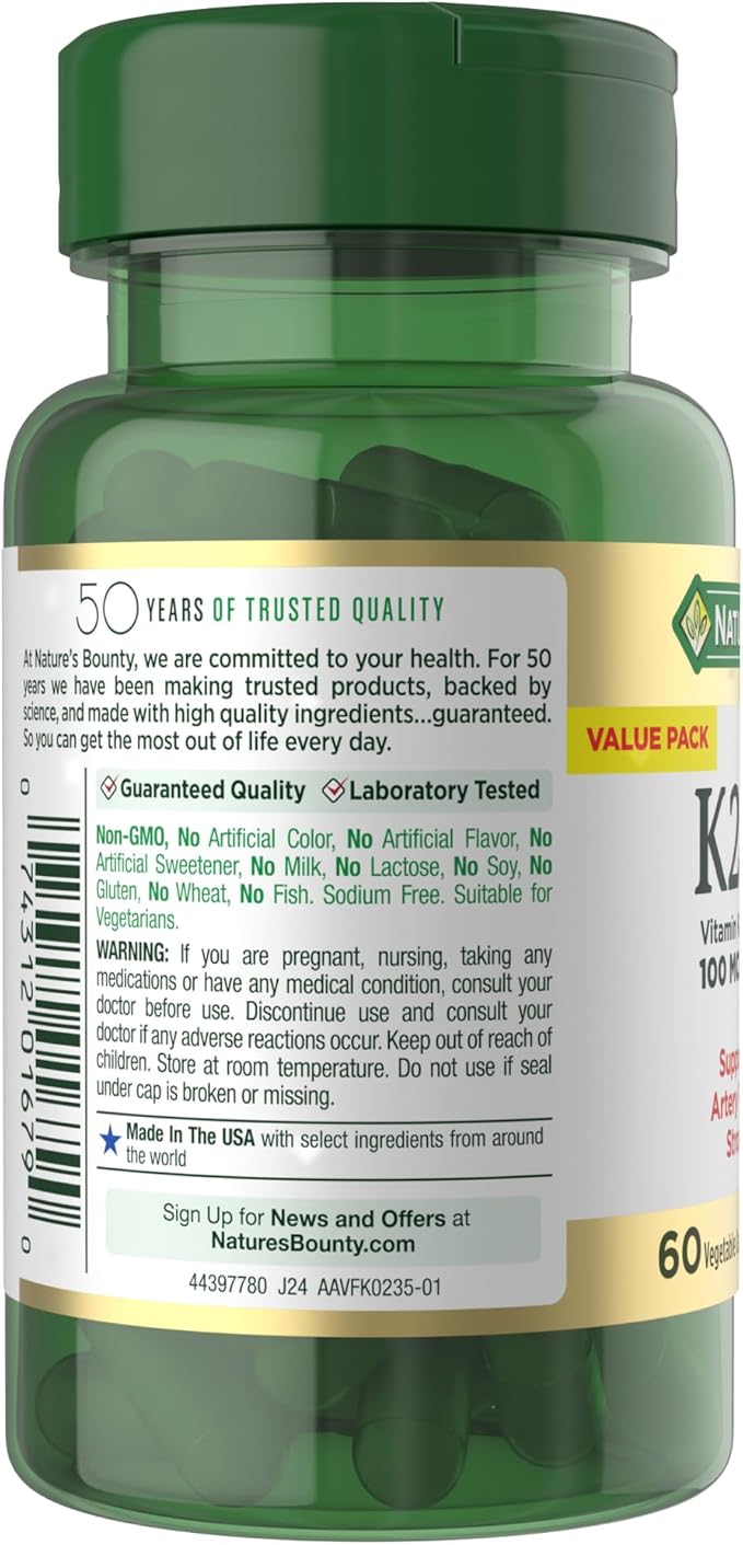 Nature's Bounty Vitamin D3 K2 Supplement, 4000 IU Vitamin D3 Plus 100 mcg of Vitamin K for Heart & Bone Health Support, 60 Day Supply, 60 Vegetarian Capsules, K2 + D3 Supplements for Adults