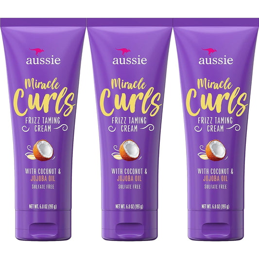 Aussie Miracle Curls Frizz Taming Cream 6.8 Ounce (Coconut & Jojoba Oil) (3 Pack)