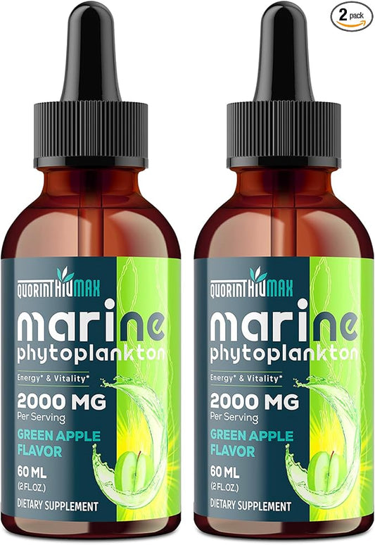 Marine Phytoplankton Drops 2000mg - High Absorption Phytoplankton Supplement with Wheatgrass & Fo-ti for Cellular Wellness, Hair Growth, Energy & Immunity | Green Apple Flavor, 60ml (Pack of 2)