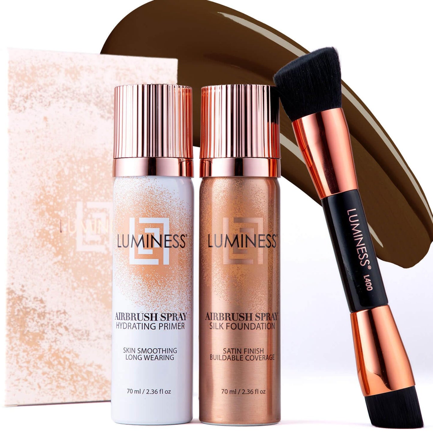 LUMINESS Airbrush Spray Silk Foundation Starter Kit - Deep Rich - Foundation, Primer & Dual-Sided Angled Buffing Brush - Medium, Buildable Coverage, Anti-Aging Formula Hydrates & Moisturizes