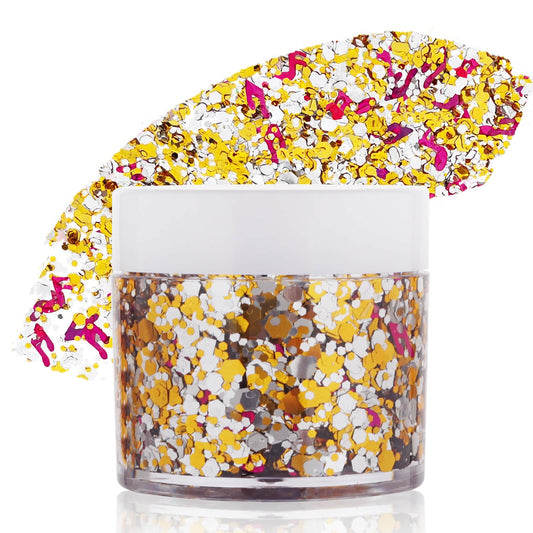 Gold Silver Glitter Gel,Holographic Chunky Singer Concert Body Glitter Rave Music Festival Accessories,Mardi Gras Sequins for Body Hair,Carnival Decorations Face Paint Makeup for Women Kids