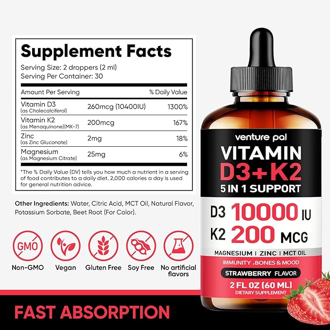 Venture Pal Vitamin D3 10000 IU Plus K2 (MK-7) 200 mcg Liquid Drops & Biotin Gummies with Collagen & Keratin - Hair Growth