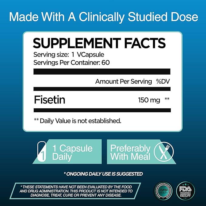 Fisetin 150mg | Supplement for Aging Cognitive Support | Pure Fisetin Supplement - Powerful Serving Size | Gluten Free, Vegan, USA Made, Non-GMO | 60 Capsules
