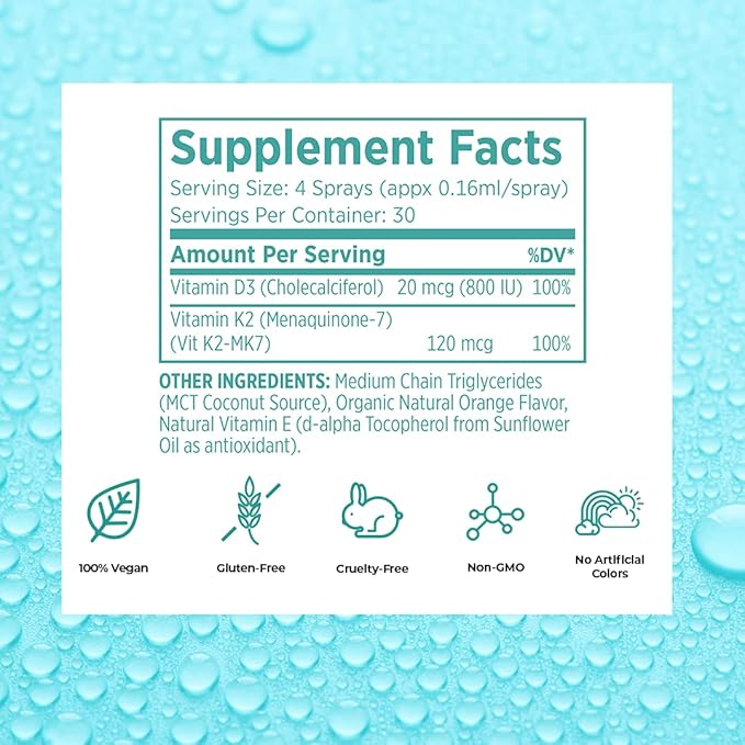 Vegan Life Nutrition Vitamin D3 and K2 Oral Spray Supplement, 0.65 Ounce