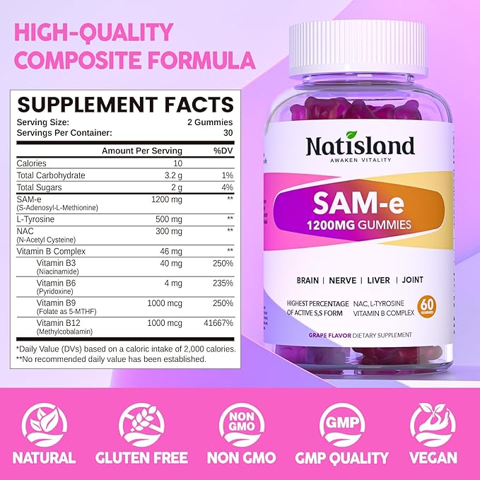 SAM-e with L-Tyrosine Gummies, Methylated Vitamin B-Complex & NAC, 1200mg SAM e Supplement, Methyl Folate and B12, for Stress Relief & Brain Support, Liver & Joint Health, Gluten-Free, Vegan, 60 Ct