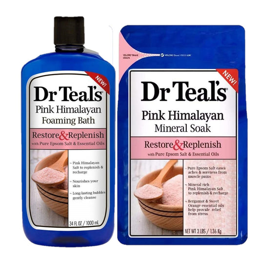 Dr Teals Pink Himalayan Bath Variety Gift Set (2 Pack, 82Oz Total) - 34Oz Foaming Bath, 48Oz Bath Soak - Restore & Replenish For