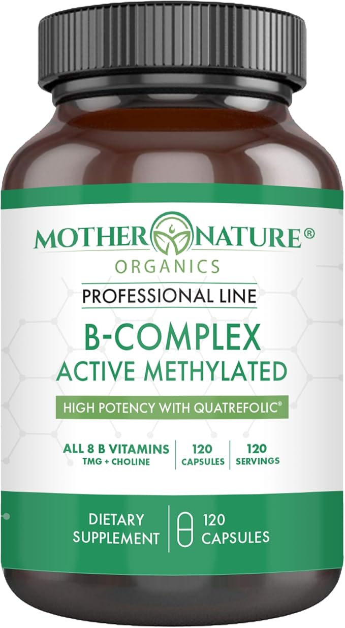Mother Nature Organics Methylated B Complex – Bioactive B Vitamins with Methyl B12, B1, B3 Niacin, B6, Folate & Biotin – Supports Energy, Brain, Heart & Metabolism – 120 Capsules, Non-GMO, Gluten-Free