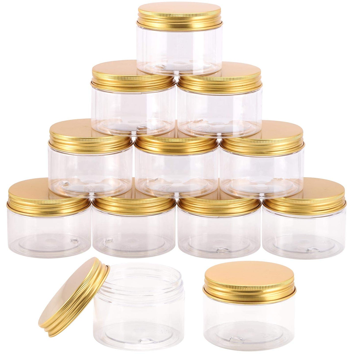 Tecbeauty 12-Pack 120ml Clear Plastic Slime Jars with Lids, Refillable Empty Round Containers for Cosmetics, Lotions, Gold