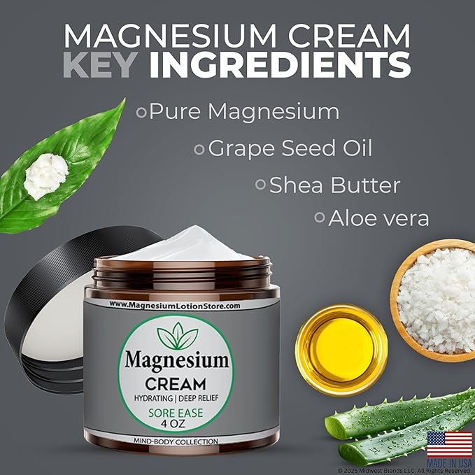 Magnesium Cream with Sore Ease Essential Oil Scent – Hydrating & Comforting Aroma, 4 oz USA Made