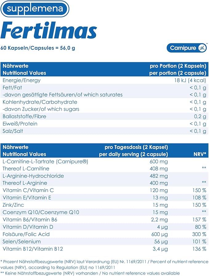 Fertilmas Natural Fertility Support for Men | L-Carnitine, Zinc, Vitamin D3, and Folic Acid | Couples TTC Supplement for Reproductive Health | Made in Germany | 1 Month